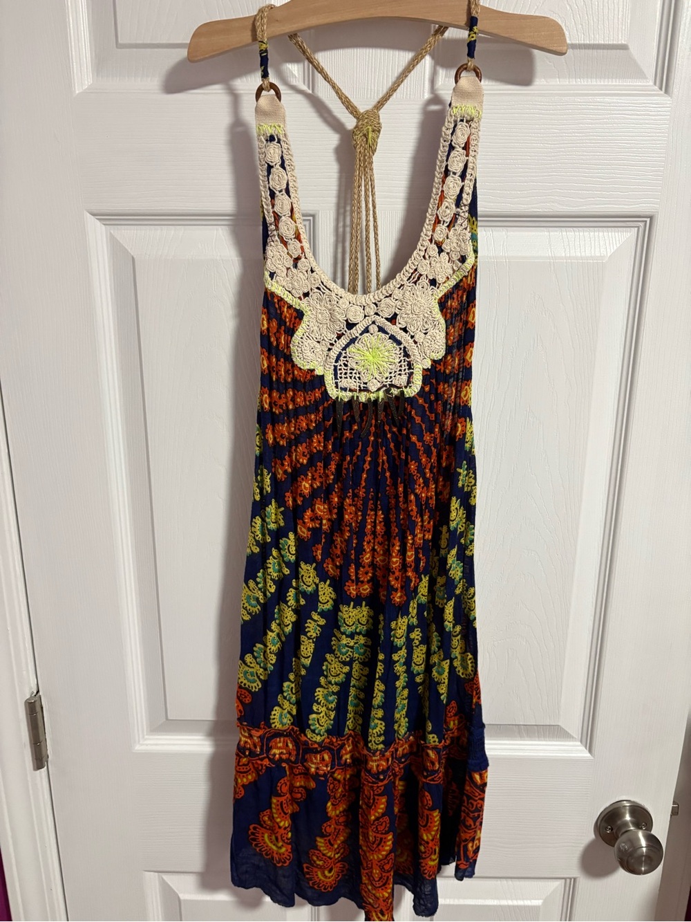 Free People Navy/Orange/Lime Mini Dress, twine straps and beaded crochet bodice